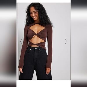Brown sexy twist detail long sleeve cutout top (runs small)